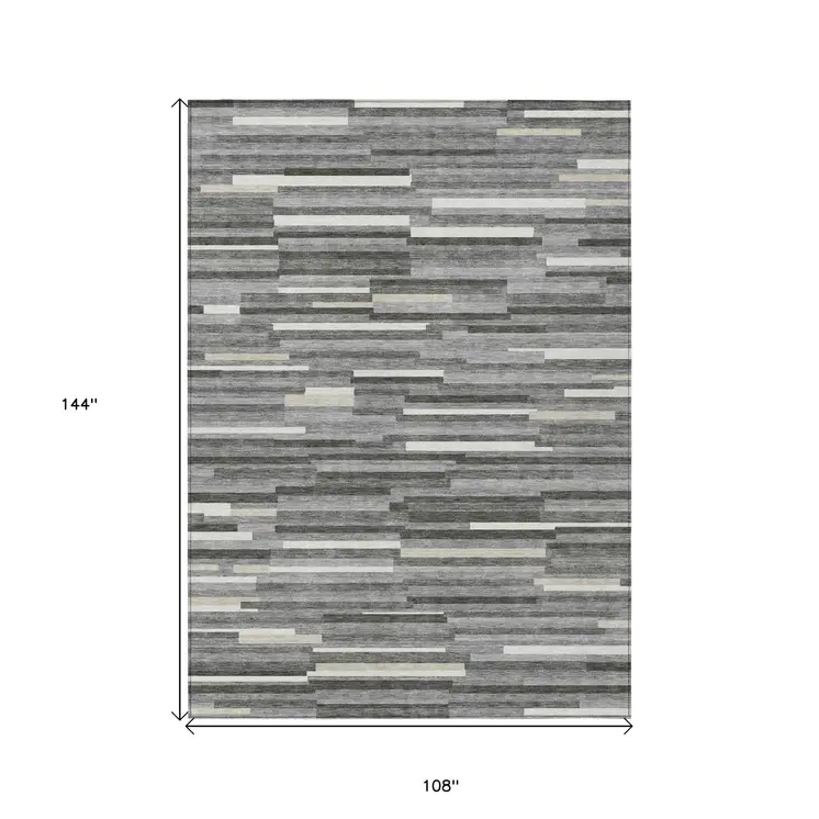 9' X 12' Gray And Ivory Striped Washable Indoor Outdoor Area Rug