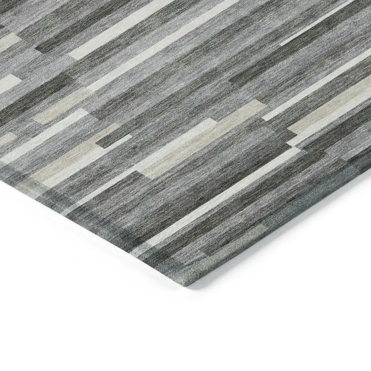 9' X 12' Gray And Ivory Striped Washable Indoor Outdoor Area Rug