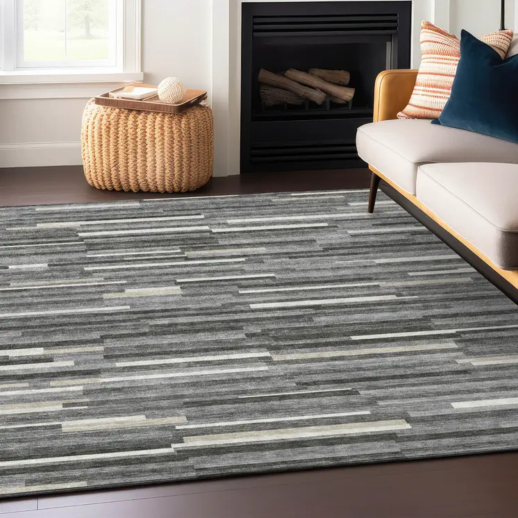 9' X 12' Gray And Ivory Striped Washable Indoor Outdoor Area Rug
