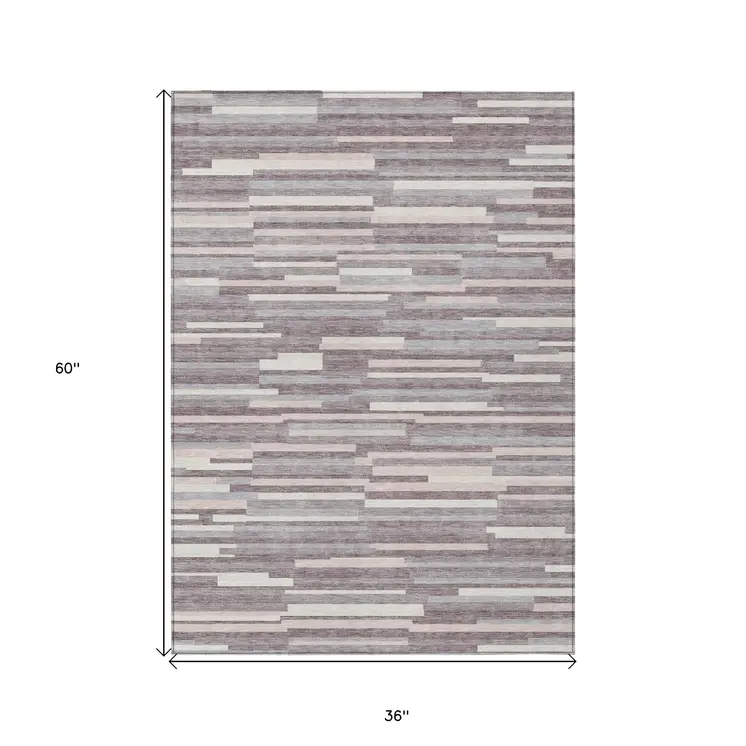 3' X 5' Lavender Gray And Ivory Striped Washable Indoor Outdoor Area Rug