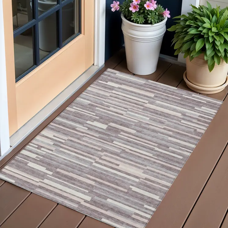 3' X 5' Lavender Gray And Ivory Striped Washable Indoor Outdoor Area Rug