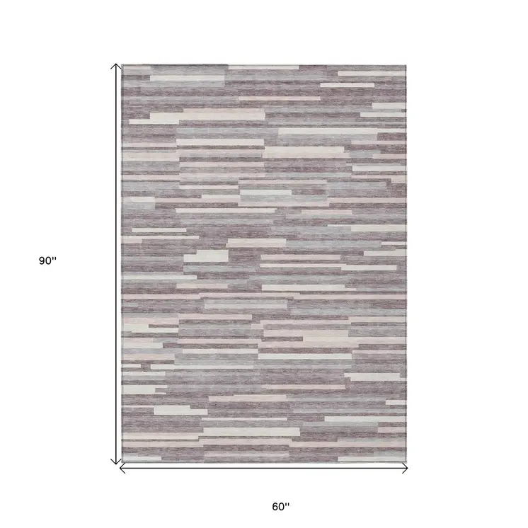 5' X 8' Lavender Gray And Ivory Striped Washable Indoor Outdoor Area Rug