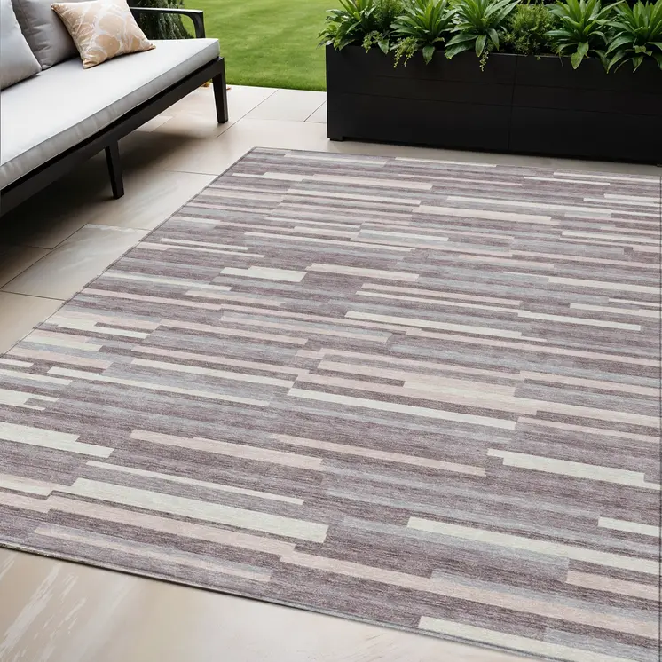 5' X 8' Lavender Gray And Ivory Striped Washable Indoor Outdoor Area Rug