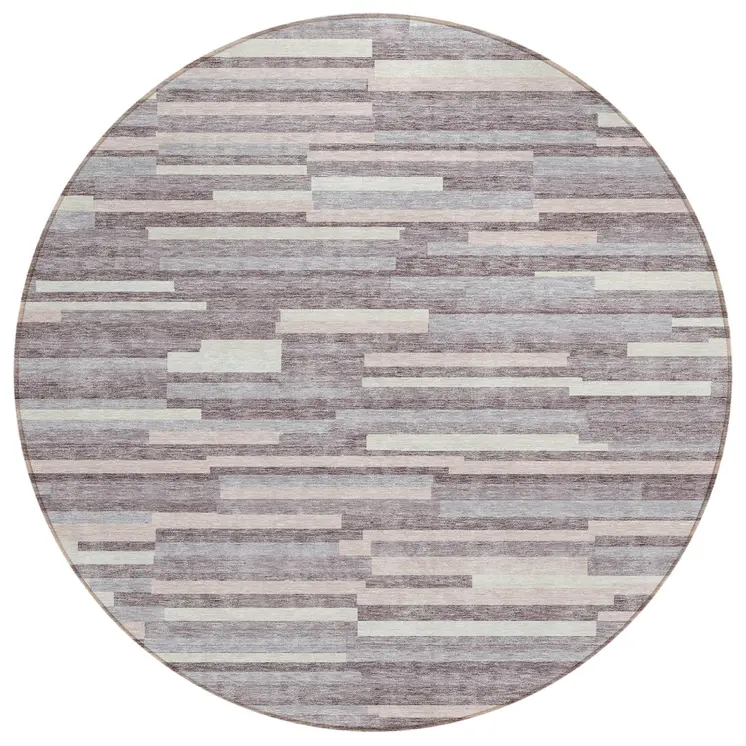 8' Lavender Gray And Ivory Round Striped Washable Indoor Outdoor Area Rug