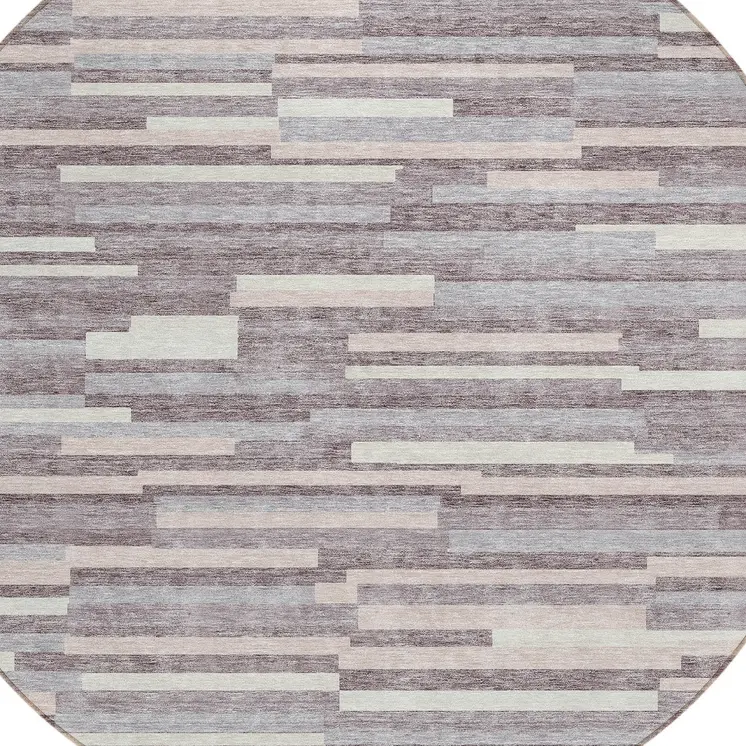 8' Lavender Gray And Ivory Round Striped Washable Indoor Outdoor Area Rug