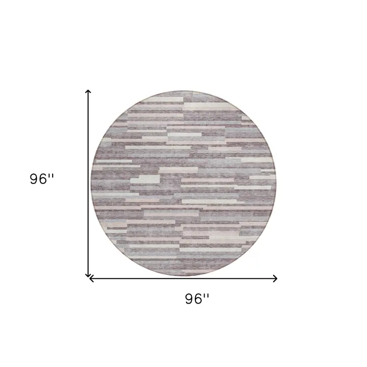 8' Lavender Gray And Ivory Round Striped Washable Indoor Outdoor Area Rug