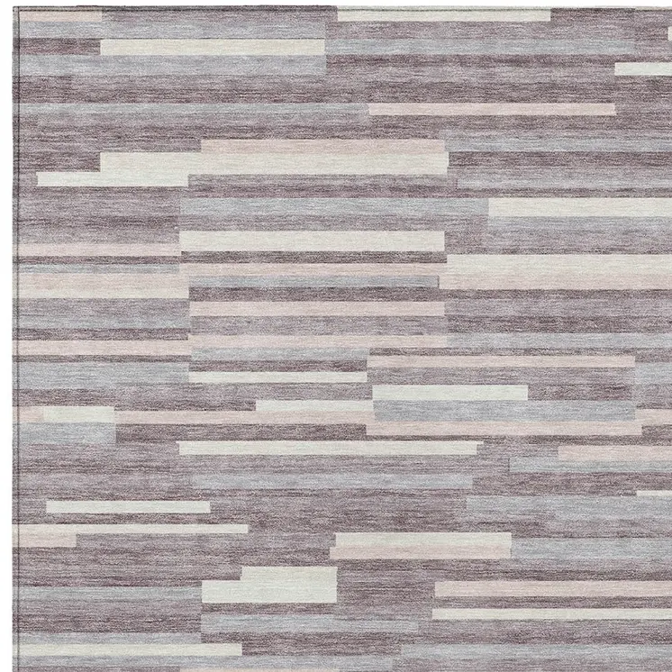 8' X 10' Lavender Gray And Ivory Striped Washable Indoor Outdoor Area Rug