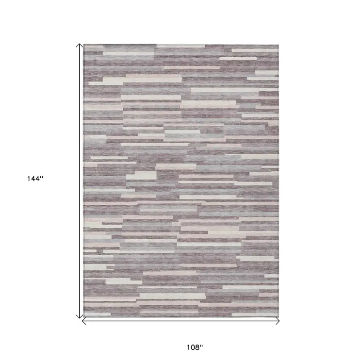 9' X 12' Lavender Gray And Ivory Striped Washable Indoor Outdoor Area Rug