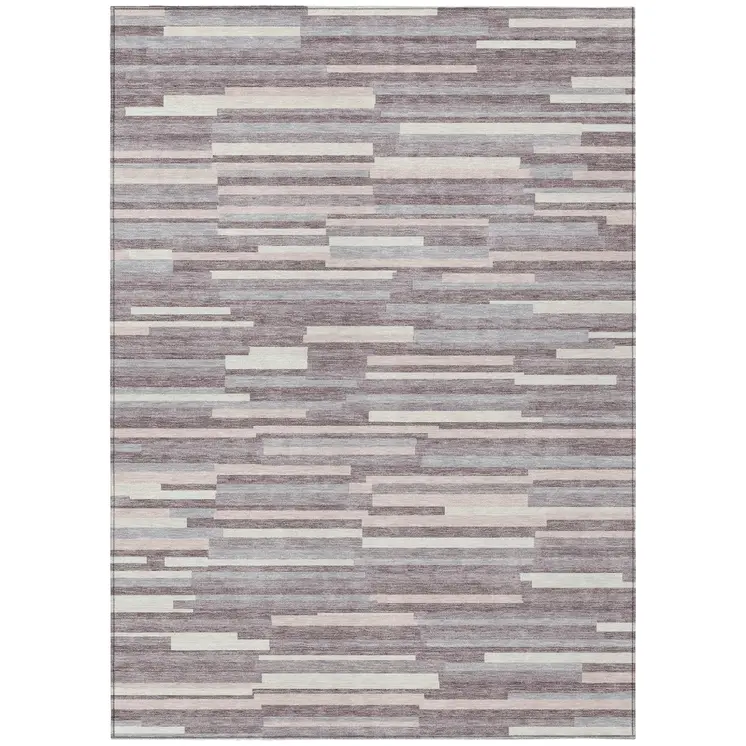 9' X 12' Lavender Gray And Ivory Striped Washable Indoor Outdoor Area Rug