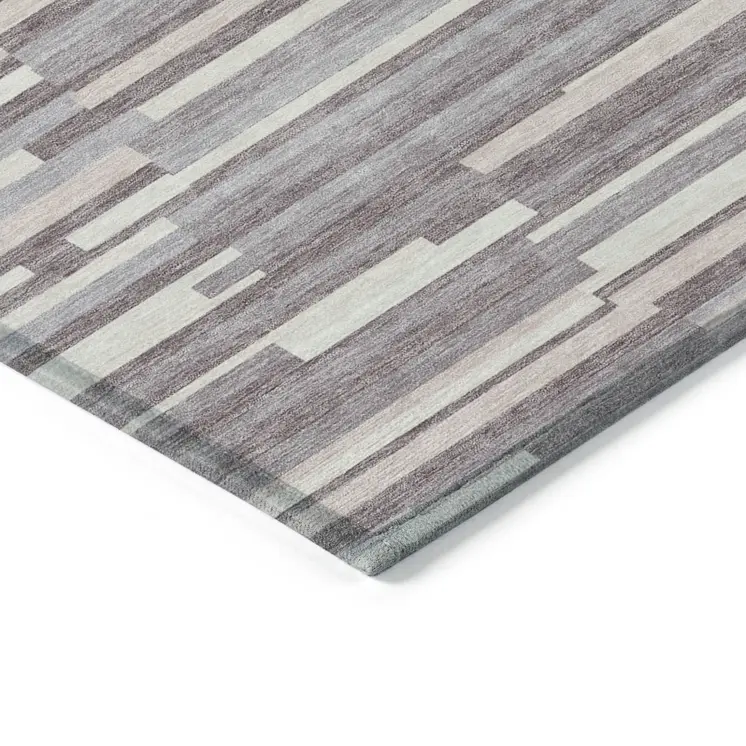 9' X 12' Lavender Gray And Ivory Striped Washable Indoor Outdoor Area Rug