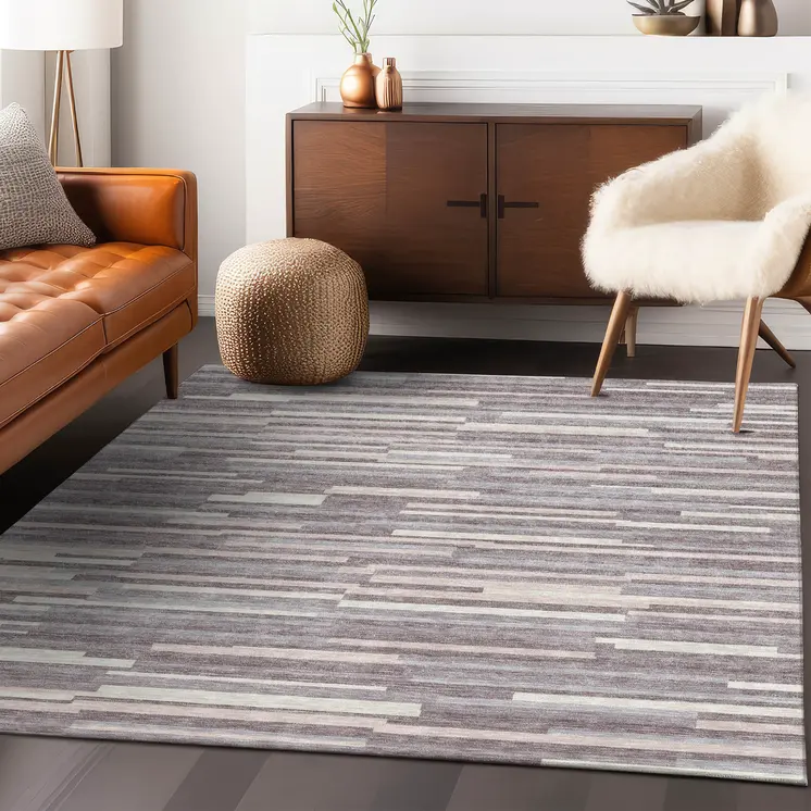 9' X 12' Lavender Gray And Ivory Striped Washable Indoor Outdoor Area Rug