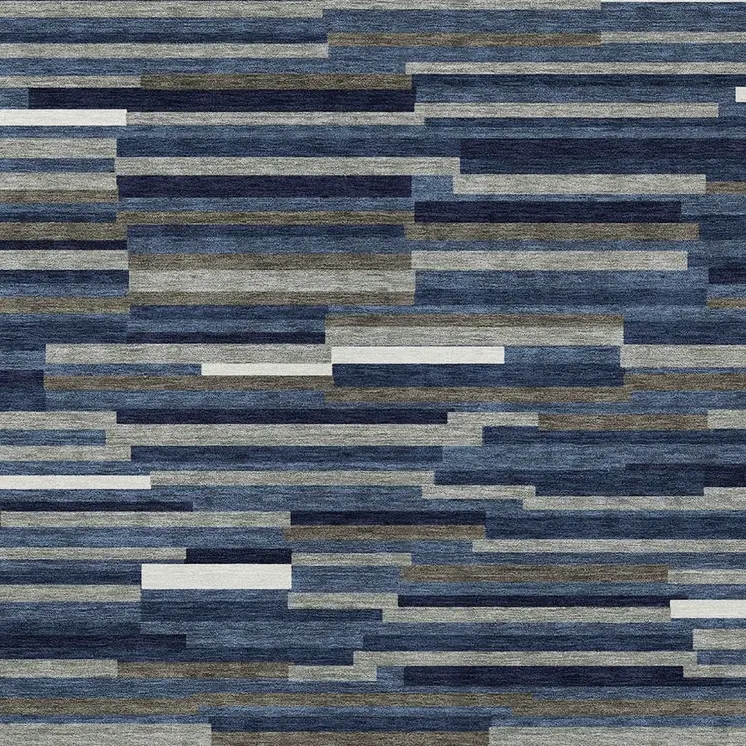 3' X 5' Navy Blue Gray And Ivory Striped Washable Indoor Outdoor Area Rug