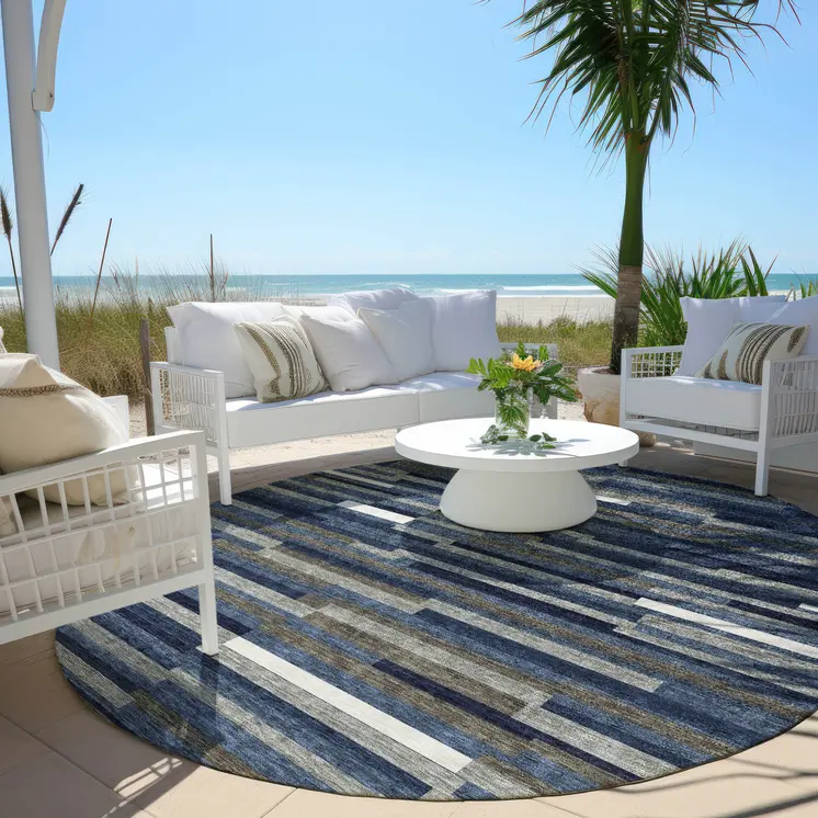 8' Navy Blue Gray And Ivory Round Striped Washable Indoor Outdoor Area Rug