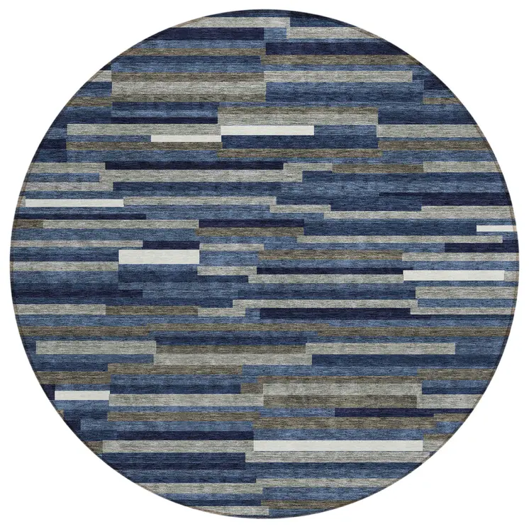 8' Navy Blue Gray And Ivory Round Striped Washable Indoor Outdoor Area Rug