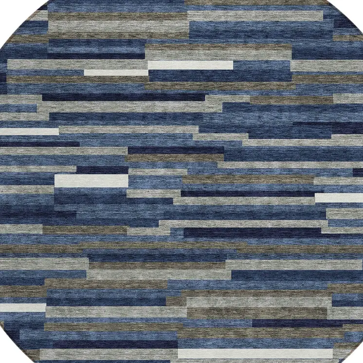 8' Navy Blue Gray And Ivory Round Striped Washable Indoor Outdoor Area Rug