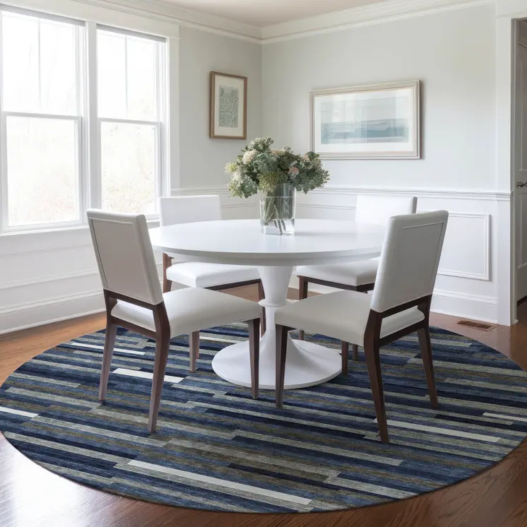 8' Navy Blue Gray And Ivory Round Striped Washable Indoor Outdoor Area Rug
