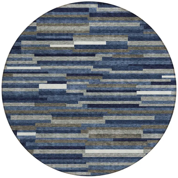 8' Navy Blue Gray And Ivory Round Striped Washable Indoor Outdoor Area Rug