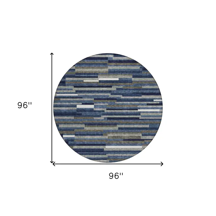 8' Navy Blue Gray And Ivory Round Striped Washable Indoor Outdoor Area Rug