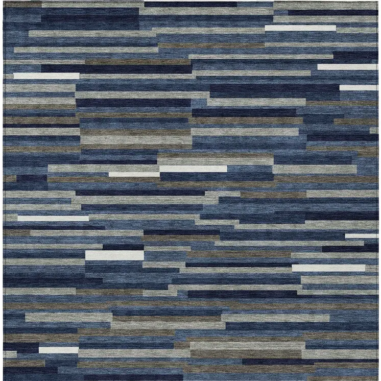 8' X 10' Navy Blue Gray And Ivory Striped Washable Indoor Outdoor Area Rug