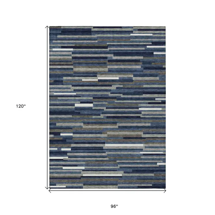 8' X 10' Navy Blue Gray And Ivory Striped Washable Indoor Outdoor Area Rug