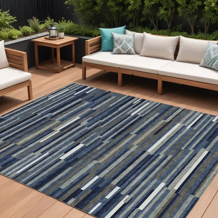 8' X 10' Navy Blue Gray And Ivory Striped Washable Indoor Outdoor Area Rug