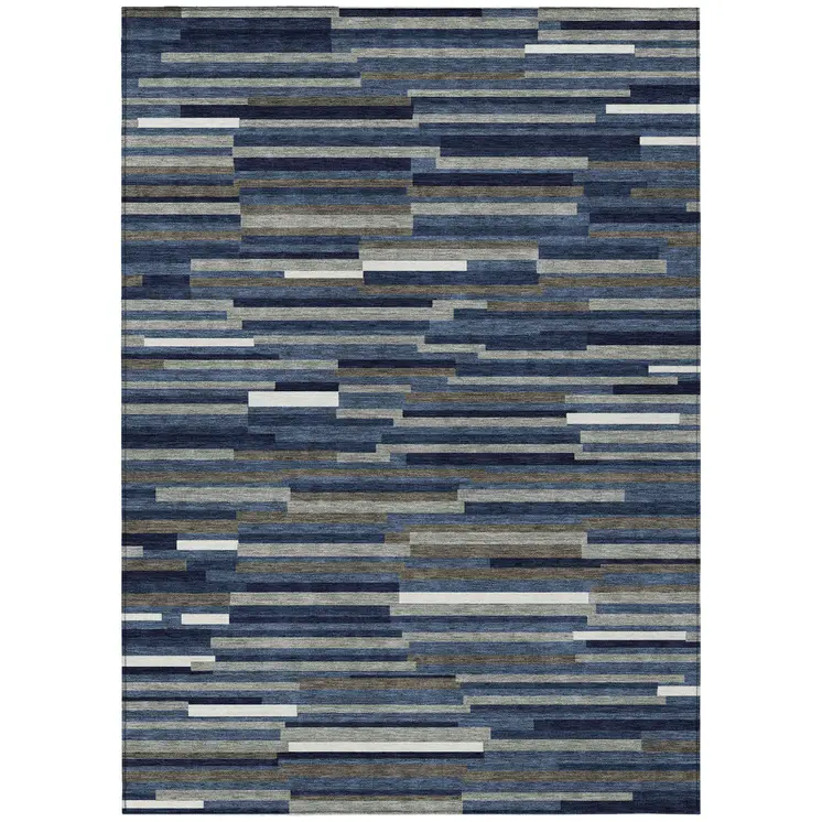 8' X 10' Navy Blue Gray And Ivory Striped Washable Indoor Outdoor Area Rug