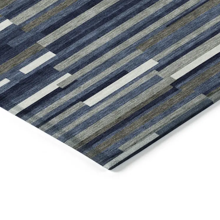 8' X 10' Navy Blue Gray And Ivory Striped Washable Indoor Outdoor Area Rug