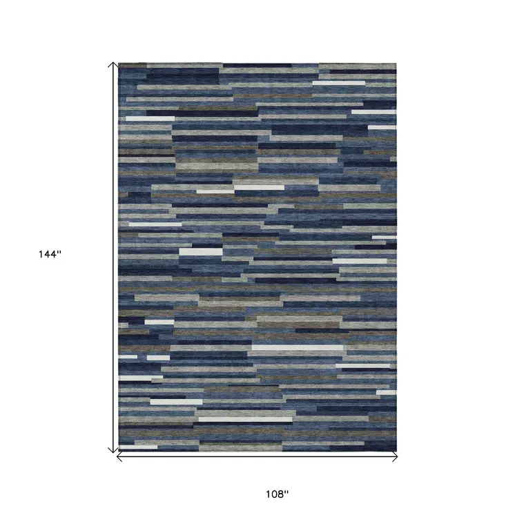 9' X 12' Navy Blue Gray And Ivory Striped Washable Indoor Outdoor Area Rug