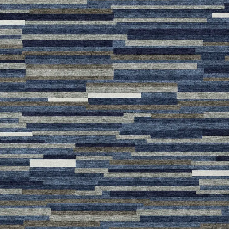 9' X 12' Navy Blue Gray And Ivory Striped Washable Indoor Outdoor Area Rug