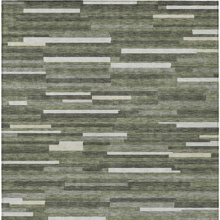 3' X 5' Olive Green Gray And Ivory Striped Washable Indoor Outdoor Area Rug