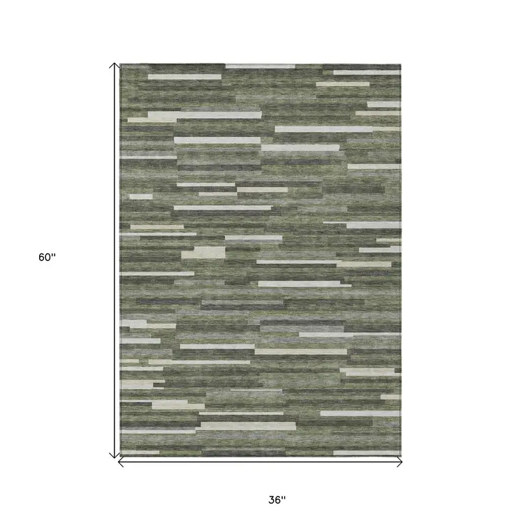 3' X 5' Olive Green Gray And Ivory Striped Washable Indoor Outdoor Area Rug