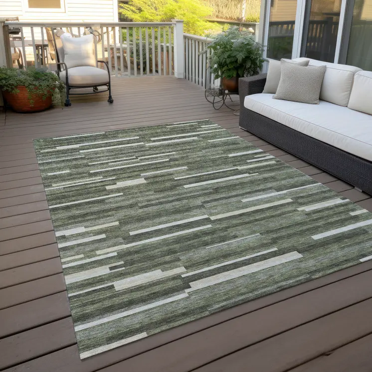 3' X 5' Olive Green Gray And Ivory Striped Washable Indoor Outdoor Area Rug