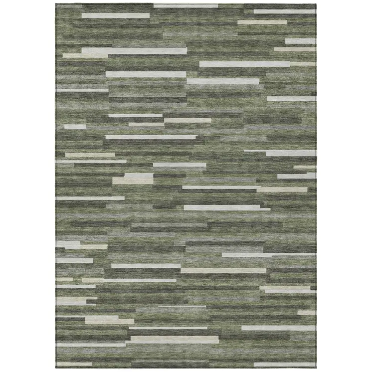 3' X 5' Olive Green Gray And Ivory Striped Washable Indoor Outdoor Area Rug