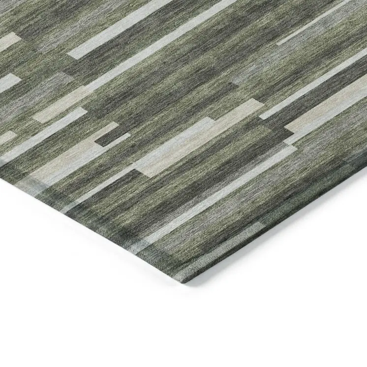 3' X 5' Olive Green Gray And Ivory Striped Washable Indoor Outdoor Area Rug
