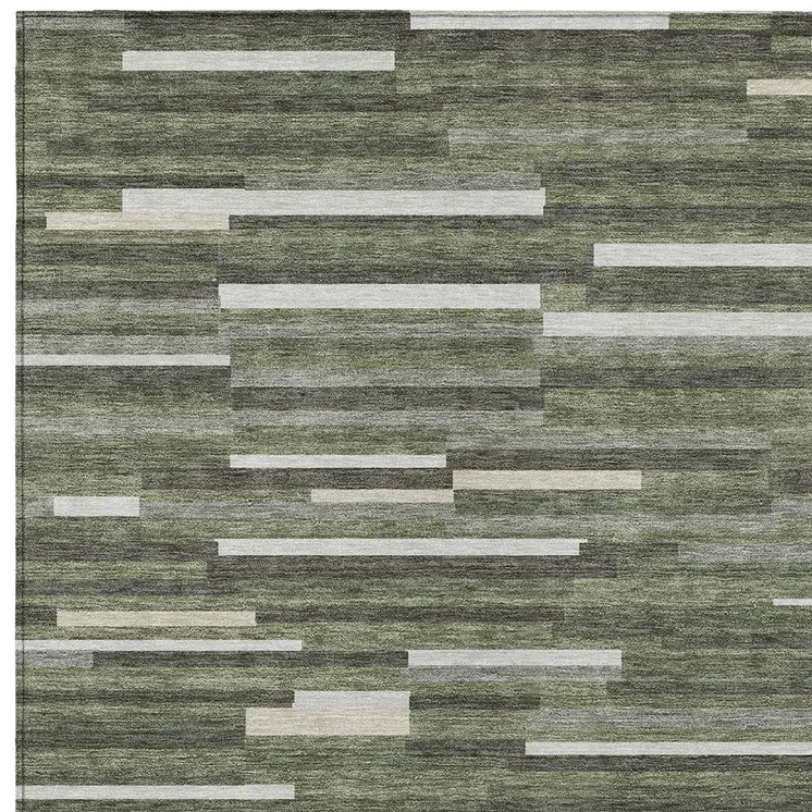 3' X 5' Olive Green Gray And Ivory Striped Washable Indoor Outdoor Area Rug