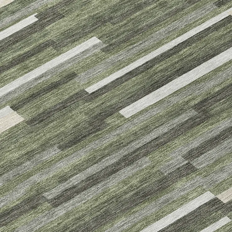 3' X 5' Olive Green Gray And Ivory Striped Washable Indoor Outdoor Area Rug