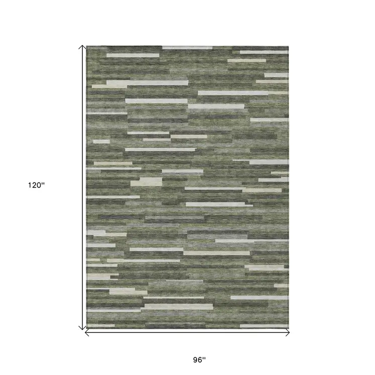8' X 10' Olive Green Gray And Ivory Striped Washable Indoor Outdoor Area Rug