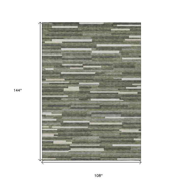 9' X 12' Olive Green Gray And Ivory Striped Washable Indoor Outdoor Area Rug
