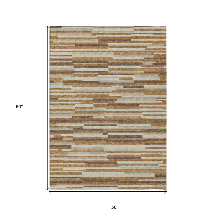 3' X 5' Brown Gray And Ivory Striped Washable Indoor Outdoor Area Rug