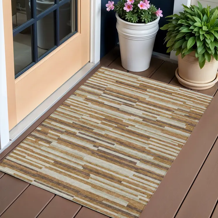 3' X 5' Brown Gray And Ivory Striped Washable Indoor Outdoor Area Rug