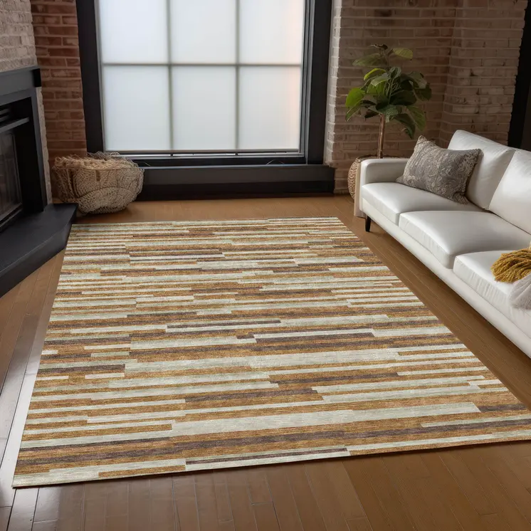 3' X 5' Brown Gray And Ivory Striped Washable Indoor Outdoor Area Rug