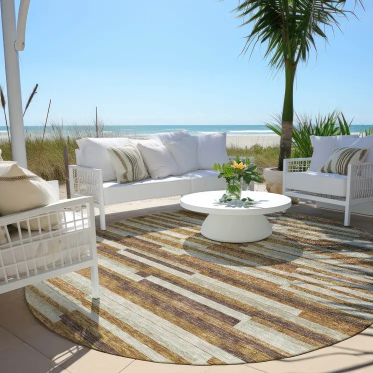 8' Brown Gray And Ivory Round Striped Washable Indoor Outdoor Area Rug