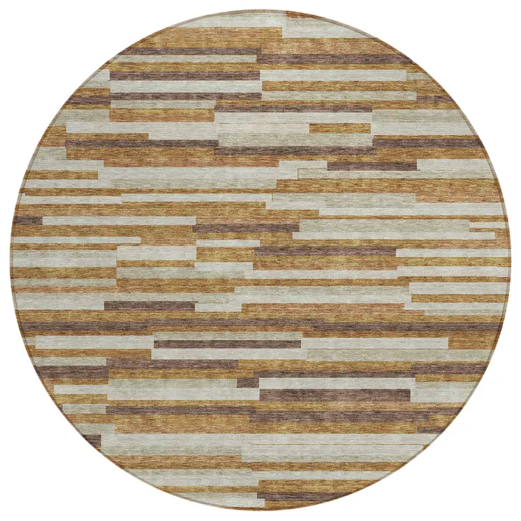 8' Brown Gray And Ivory Round Striped Washable Indoor Outdoor Area Rug