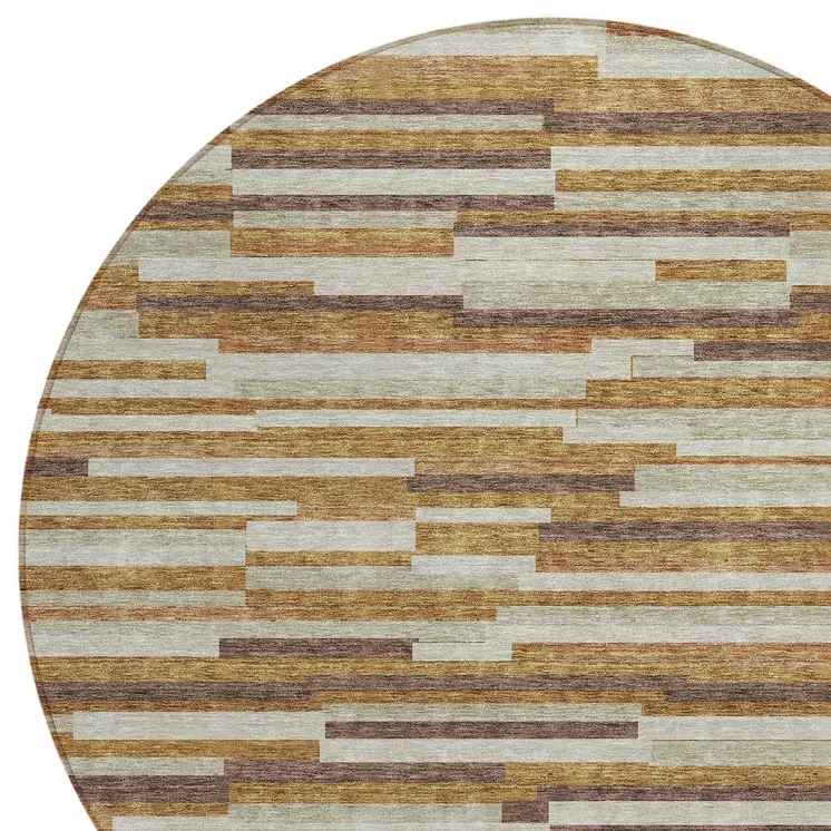 8' Brown Gray And Ivory Round Striped Washable Indoor Outdoor Area Rug