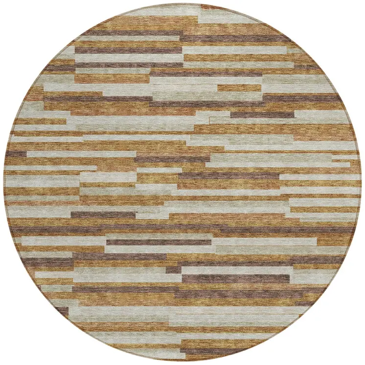 8' Brown Gray And Ivory Round Striped Washable Indoor Outdoor Area Rug