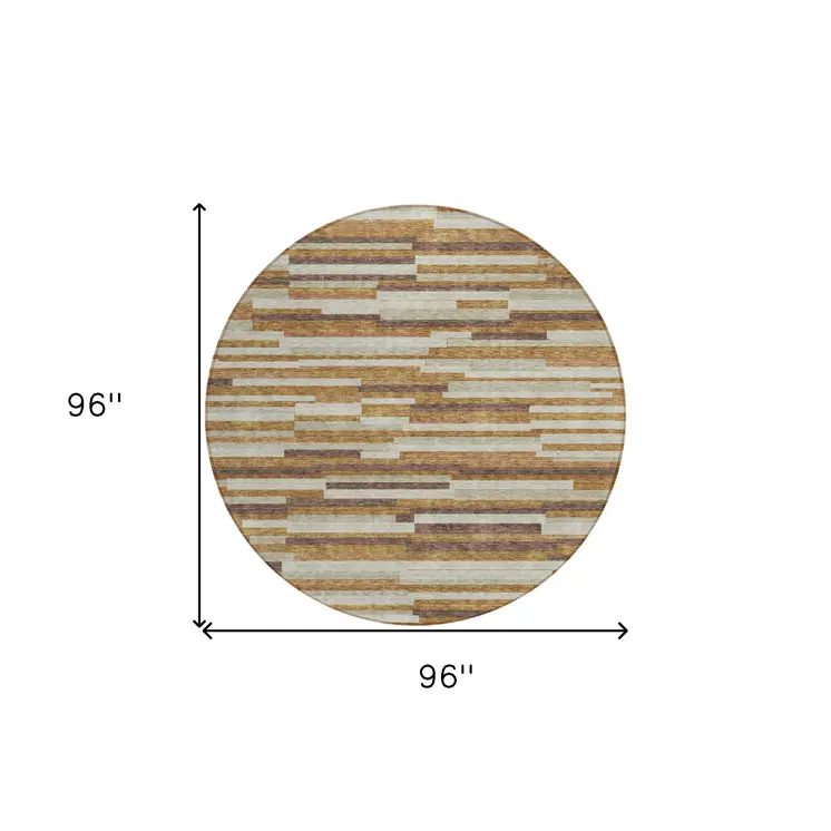 8' Brown Gray And Ivory Round Striped Washable Indoor Outdoor Area Rug