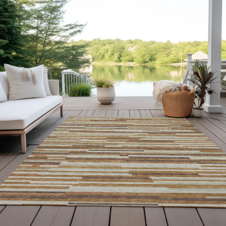 8' X 10' Brown Gray And Ivory Striped Washable Indoor Outdoor Area Rug