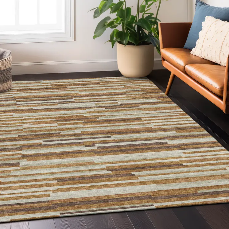 8' X 10' Brown Gray And Ivory Striped Washable Indoor Outdoor Area Rug