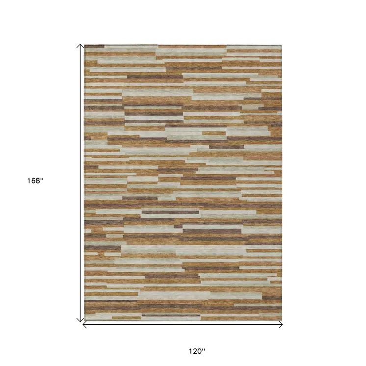 10' X 14' Brown Gray And Ivory Striped Washable Indoor Outdoor Area Rug
