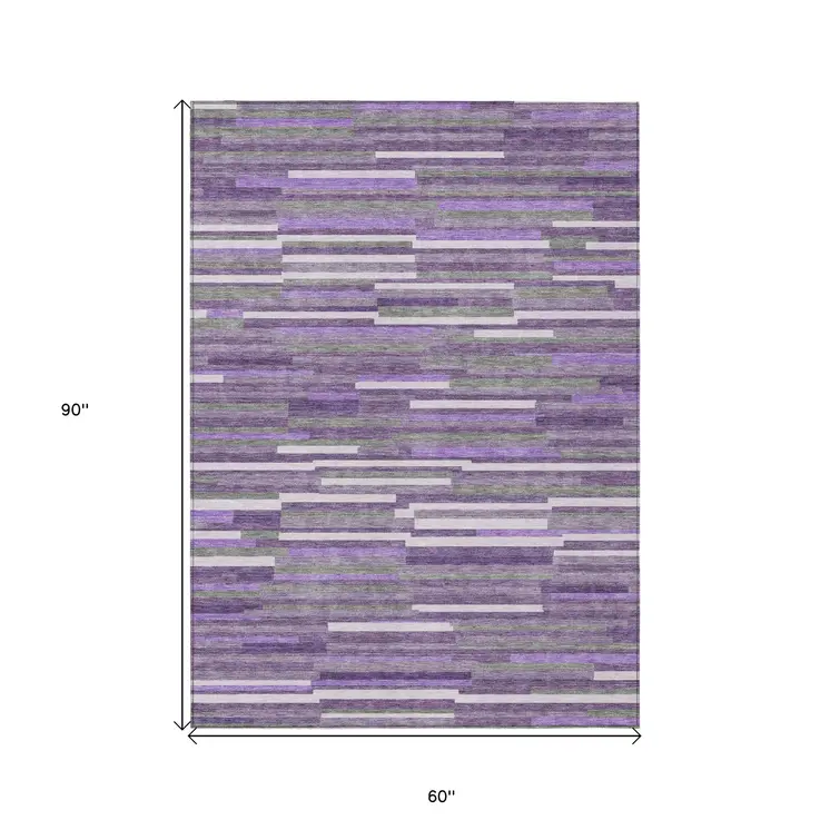 5' X 8' Purple And Gray Striped Washable Indoor Outdoor Area Rug